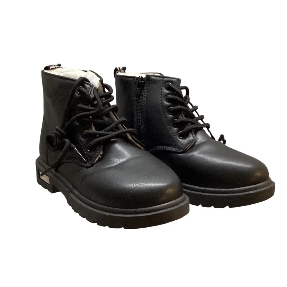 Kids Black‎ Lace Up Side Zip Faux Leather Winter Boots